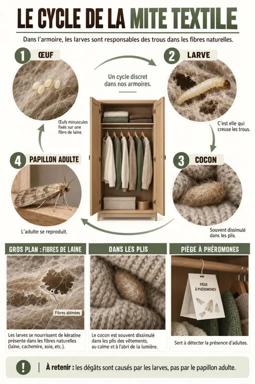 Anti mite naturel vêtement : cycle de la mite textile, larves et dégâts sur la laine