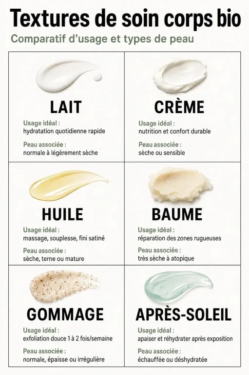 Comparatif des textures de soin corps bio : lait, crème, huile, baume, gommage et après-soleil