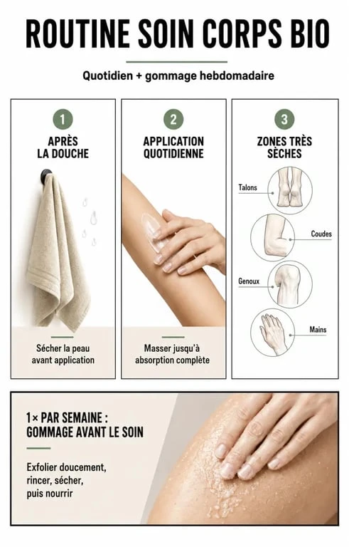 Routine soin corps bio avec application quotidienne, zones sèches ciblées et gommage hebdomadaire