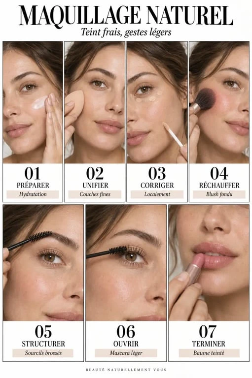 Étapes illustrées pour réussir un maquillage naturel lumineux sans effet masque