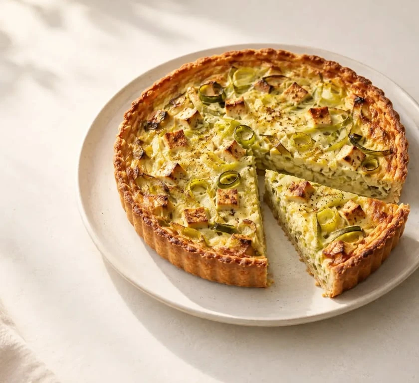 Recette quiche vegan aux poireaux et tofu fumé, dorée et servie sur une assiette