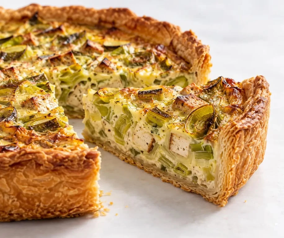 Recette quiche vegan en part, avec une découpe nette et un appareil crémeux