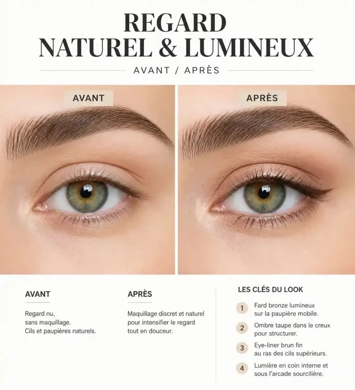 Maquillage des yeux verts naturel avant après avec tons bronze et taupe