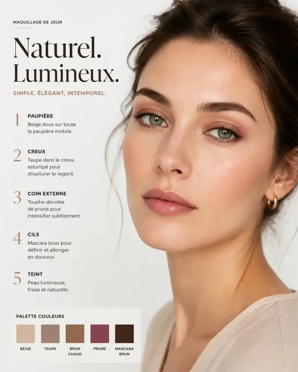 Maquillage des yeux verts naturel avec fards beige, taupe et prune discret