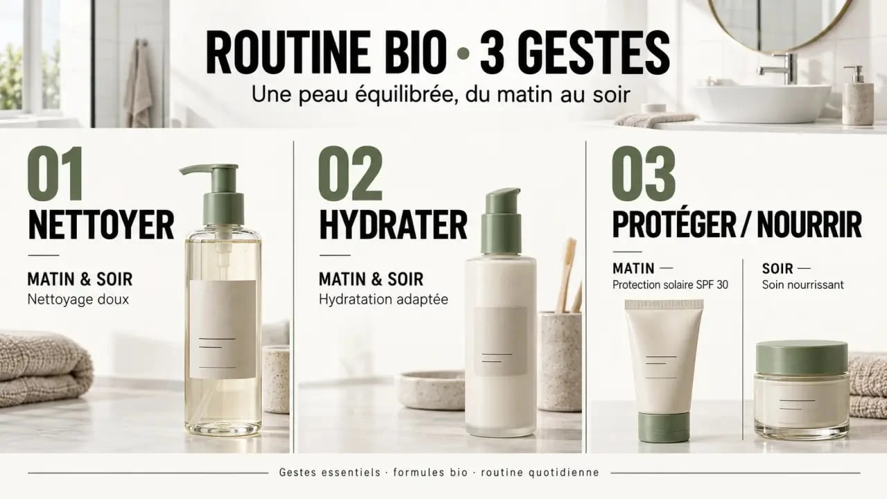Routine beauté bio en trois gestes matin et soir : nettoyage, hydratation et protection