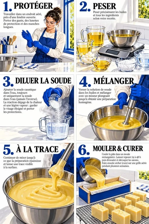 Étapes illustrées pour fabriquer son savon solide par saponification à froid