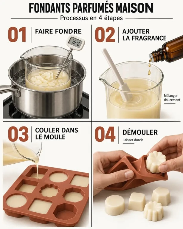 Étapes de fabrication d’un fondant parfumé maison, de la fonte de la cire au démoulage