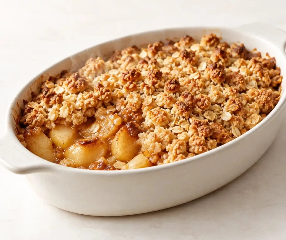 Crumble light aux pommes doré et croustillant servi tiède