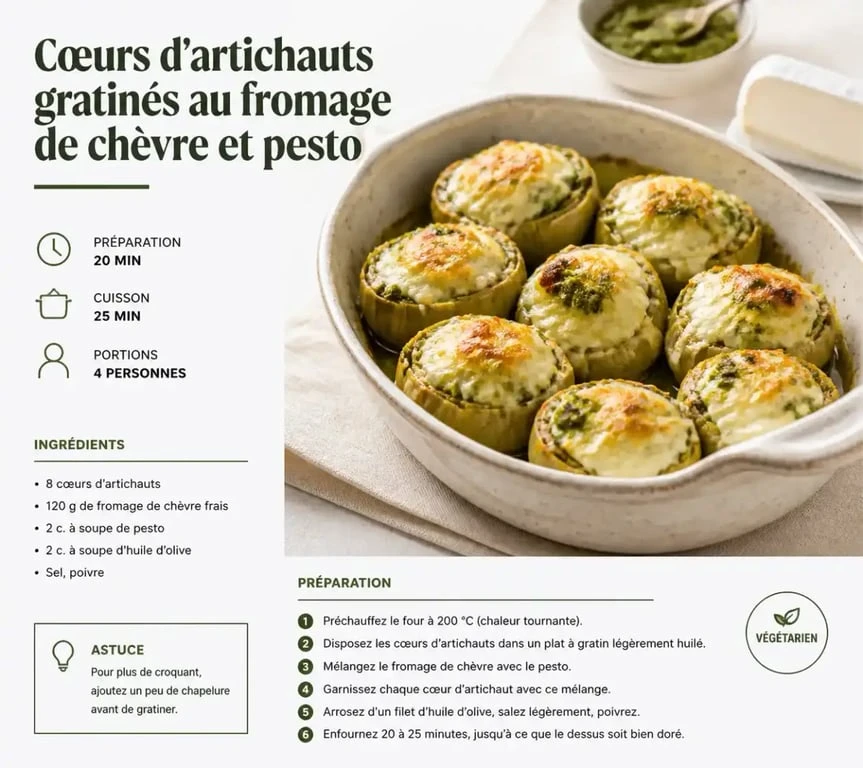 Recette avec cœur d'artichaut gratiné au chèvre et pesto dans un plat
