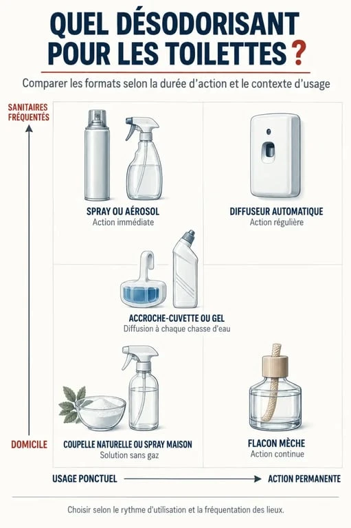 Infographie des formats de désodorisant pour toilette selon l’usage et la durée de diffusion