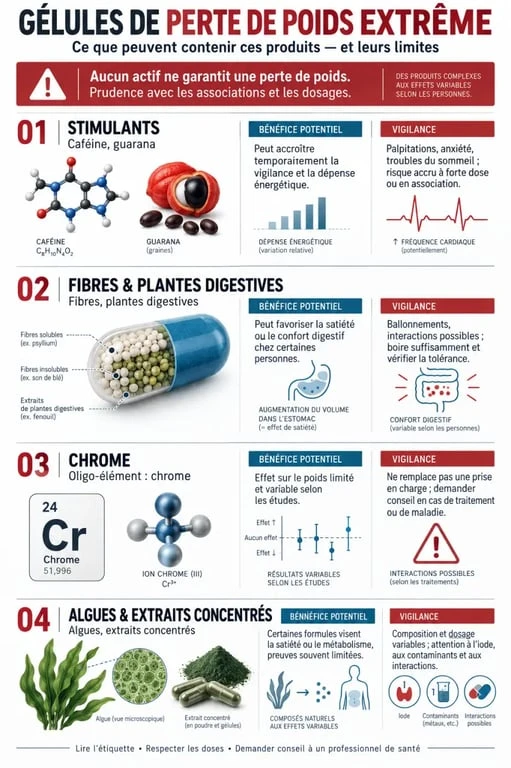 Infographie sur les risques et actifs des gélules perte de poids extrême