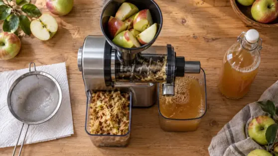 Extracteur de jus de pomme avec quartiers de pommes et jus ambré
