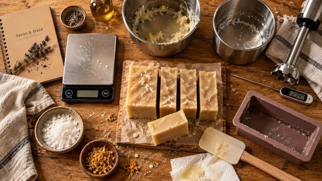 Fabriquer son savon solide : soude et moule en préparation