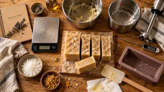 Fabriquer son savon solide : soude et moule en préparation