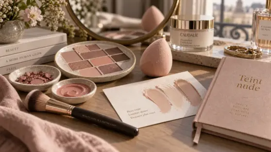 Maquillage nude pour un teint lumineux, palette de teintes nude et pinceau
