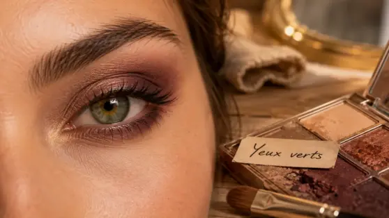 Maquillage des yeux verts naturel prune et taupe, reflet doré