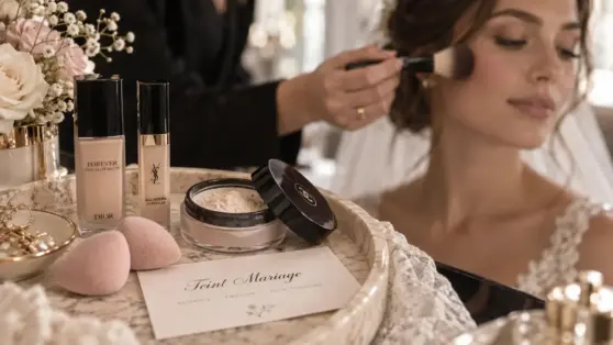 Mariage maquillage : teint naturel longue tenue, gros plan pinceau fond de teint