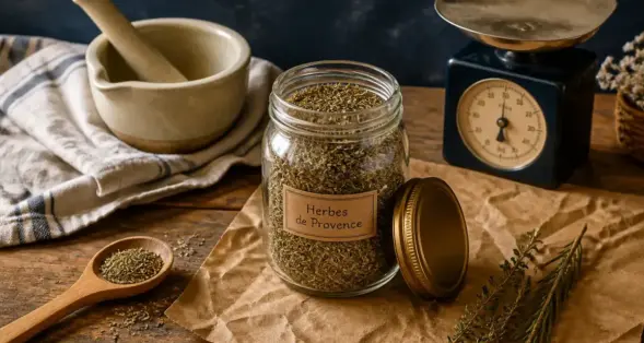 Melange herbe de provence maison thym romarin sarriette origan dans un bocal
