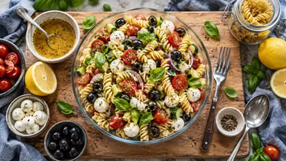 Recette pâtes froides : salade de fusilli, citron-moutarde, tomates, concombre