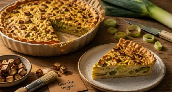 Recette quiche vegan aux poireaux et tofu fumé, part de quiche dorée