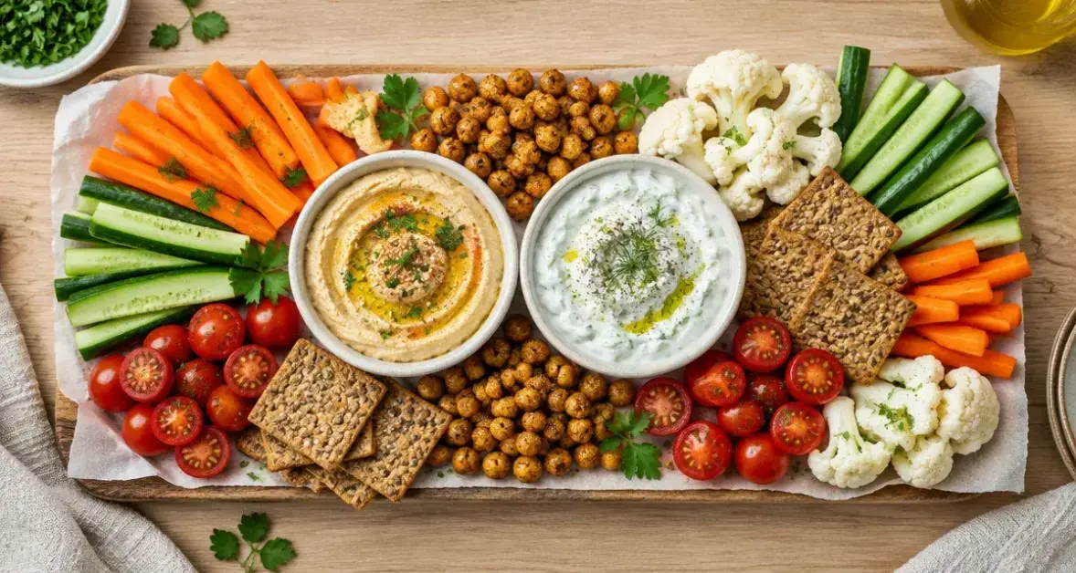 Apéro health : crackers complets, houmous et pois chiches grillés
