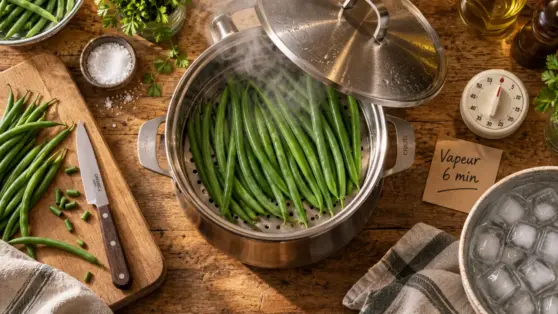 Cuisson vapeur haricot vert, vapeur 6 min, haricots verts frais
