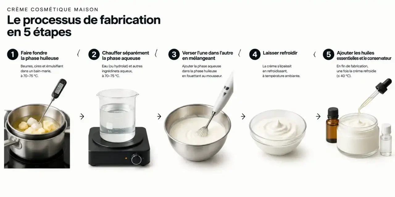 Étapes pour fabriquer des cosmétiques naturels : fonte, émulsion et refroidissement d'une crème maison
