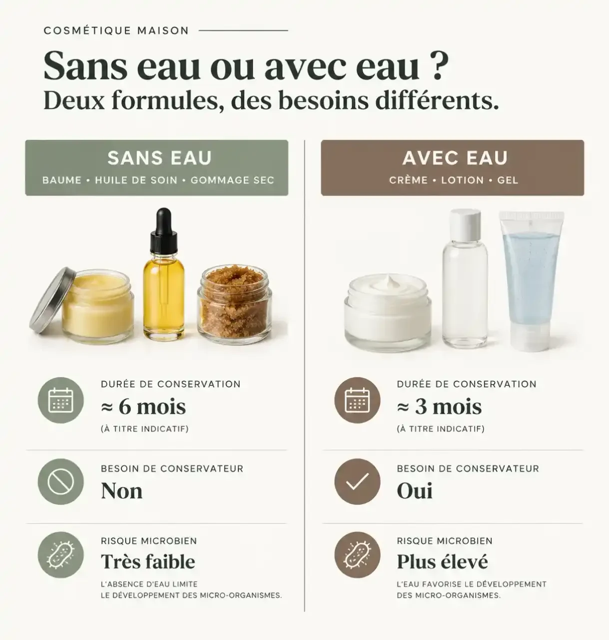 Schéma pour fabriquer des cosmétiques naturels : différence entre préparation sans eau et avec eau, conservation et conservateur