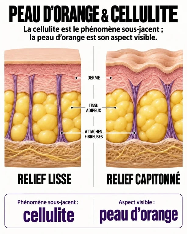 Infographie expliquant la peau d'orange, la cellulite et les couches de la peau