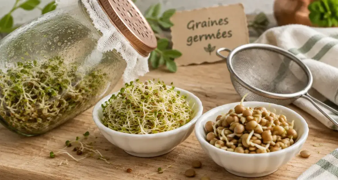 Graine germe : graines germées d’alfalfa et lentilles en bocal, prêtes à consommer