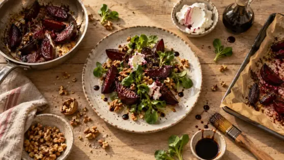Recette des betteraves rouges : betterave rôtie, chèvre frais, noix et mâche