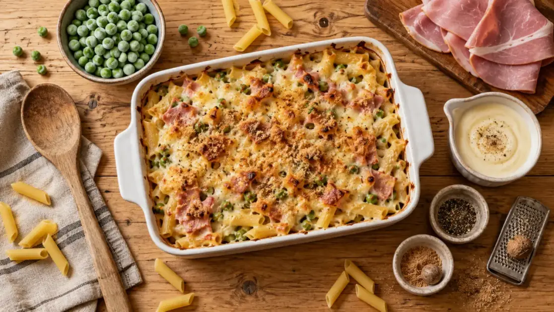 Recettes pas chères et faciles : gratin de pâtes au jambon et petits pois