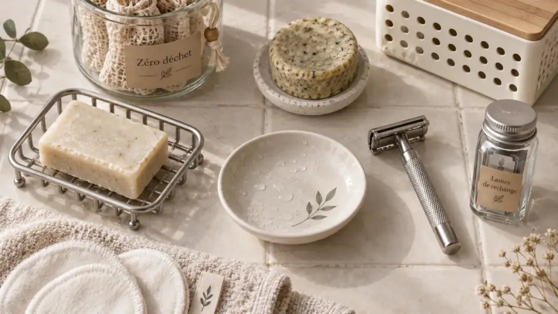 Salle de bain zéro déchet : savon solide, porte-savon inox, cotons lavables et rasoir