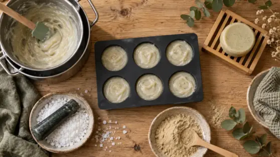 Shampoing solide maison au SCI, pâte nacrée dans un moule silicone